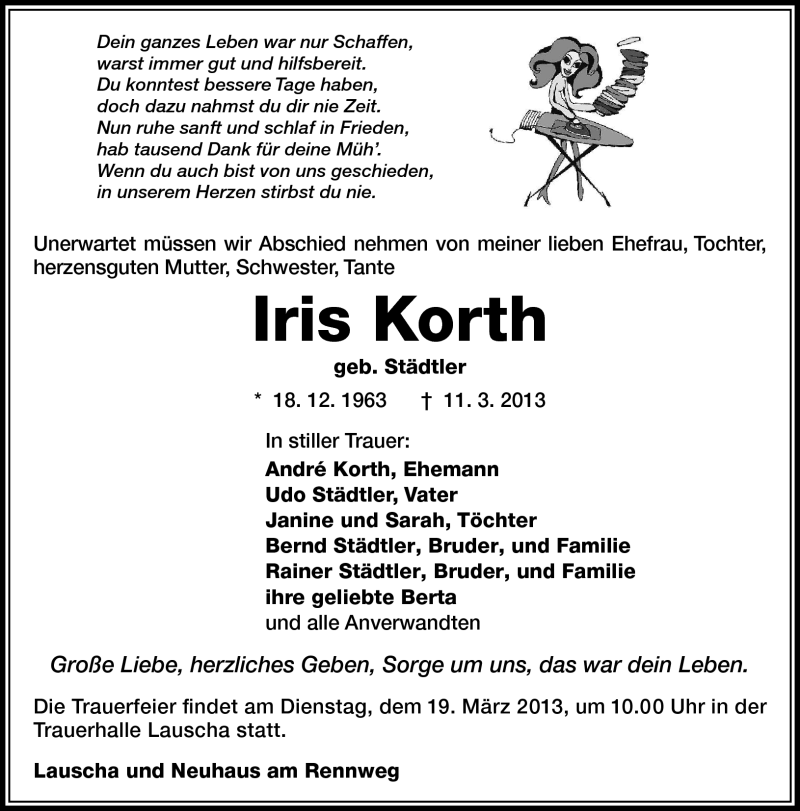  Traueranzeige für Iris Korth vom 16.03.2013 aus Südthüringer Presse