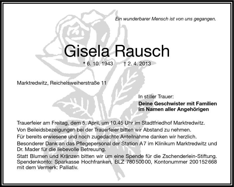  Traueranzeige für Gisela Rausch vom 04.04.2013 aus Frankenpost