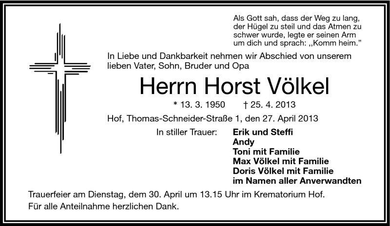  Traueranzeige für Horst Völkel vom 27.04.2013 aus Frankenpost