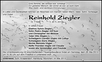 Traueranzeige von Reinhold Ziegler von Südthüringer Presse