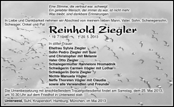 Traueranzeige von Reinhold Ziegler von Südthüringer Presse
