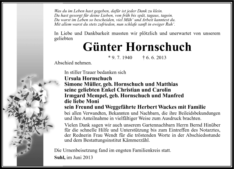 Traueranzeige für Günter Hornschuch vom 21.06.2013 aus Südthüringer Presse