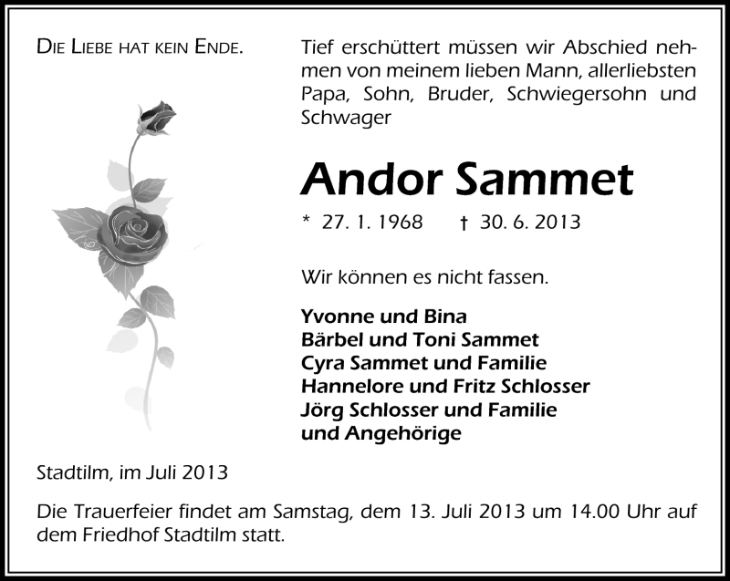 Traueranzeige für Andor Sammet vom 06.07.2013 aus Südthüringer Presse