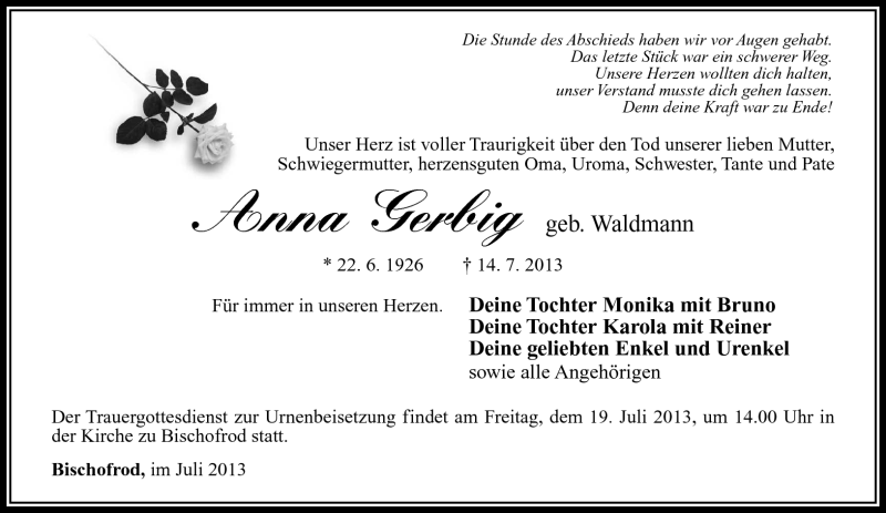  Traueranzeige für Anna Gerbig vom 16.07.2013 aus Südthüringer Presse