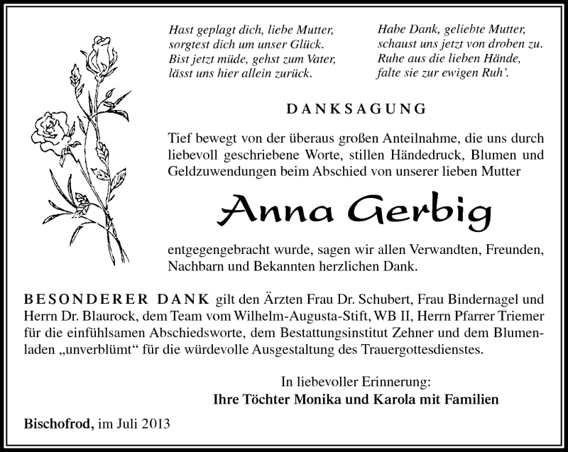  Traueranzeige für Anna Gerbig vom 27.07.2013 aus Südthüringer Presse