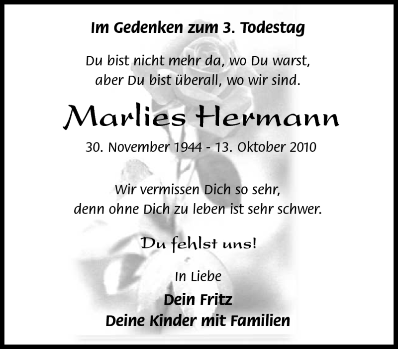  Traueranzeige für Marlies Hermann vom 12.10.2013 aus Südthüringer Presse
