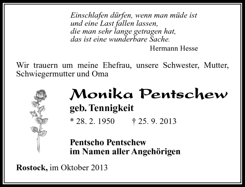  Traueranzeige für Monika Pentschew vom 05.10.2013 aus Südthüringer Presse