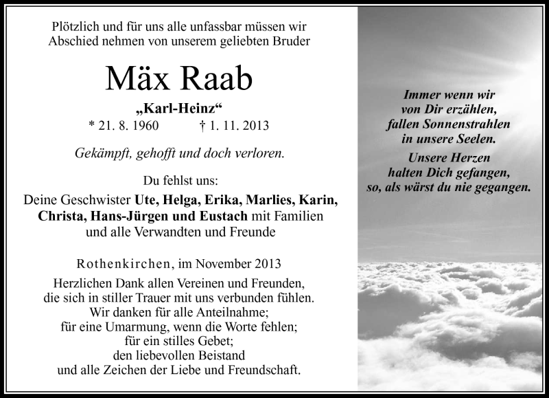  Traueranzeige für Karl-Heinz Mäx Raab vom 21.11.2013 aus Neue Presse Coburg