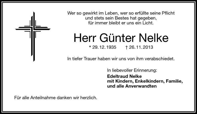  Traueranzeige für Günter Nelke vom 30.11.2013 aus Frankenpost