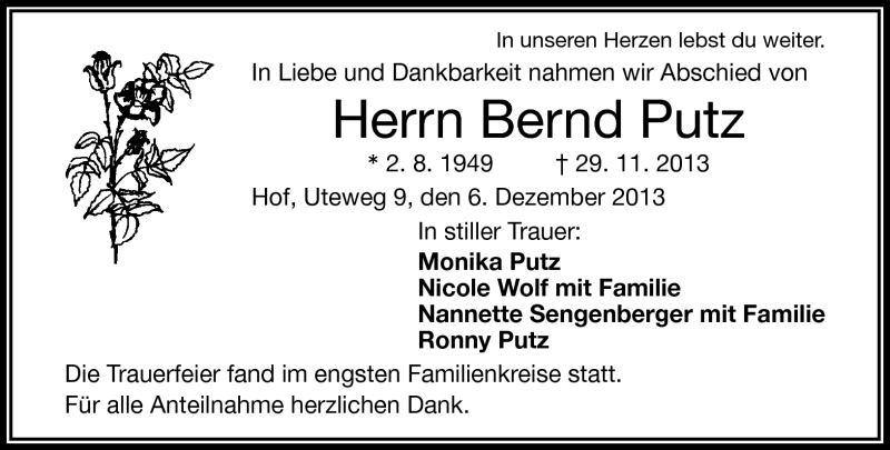  Traueranzeige für Bernd Putz vom 06.12.2013 aus Frankenpost