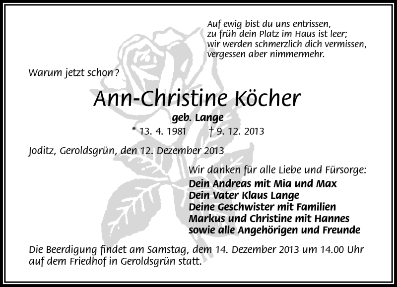  Traueranzeige für Ann-Christine Köcher vom 12.12.2013 aus Frankenpost