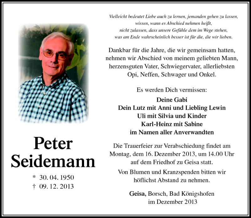  Traueranzeige für Peter Seidemann vom 12.12.2013 aus Südthüringer Presse