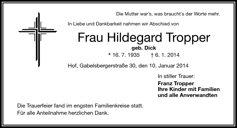  Traueranzeige für Hildegard Tropper vom 10.01.2014 aus Frankenpost