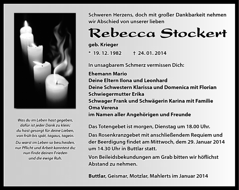  Traueranzeige für Rebecca Stockert vom 27.01.2014 aus Südthüringer Presse