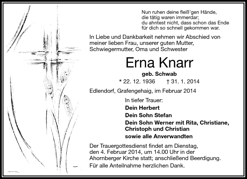  Traueranzeige für Erna Knarr vom 03.02.2014 aus Frankenpost