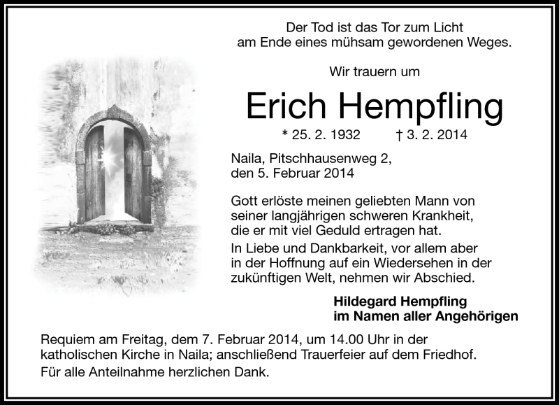  Traueranzeige für Erich Hempfling vom 05.02.2014 aus Frankenpost