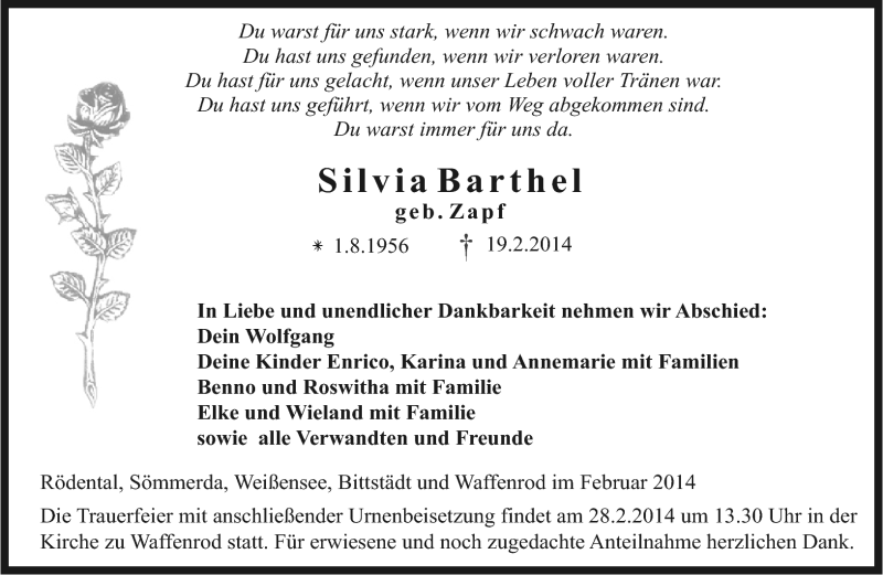  Traueranzeige für SilviaSilvia BarthelBarthel vom 25.02.2014 aus Neue Presse Coburg
