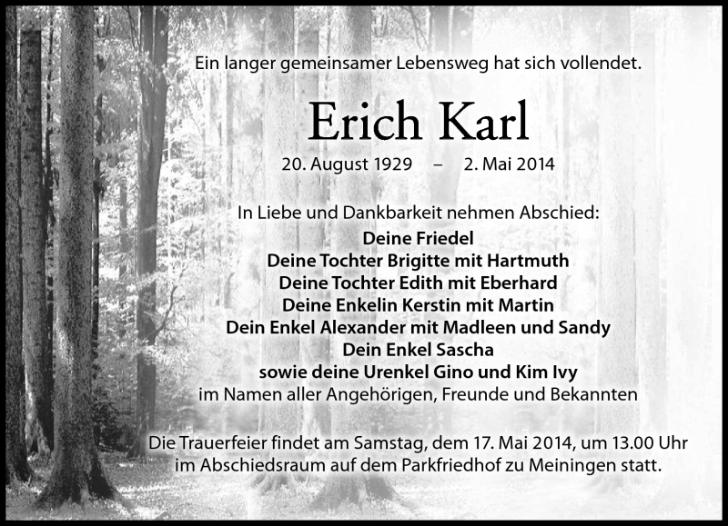  Traueranzeige für Erich Karl vom 10.05.2014 aus Südthüringer Presse