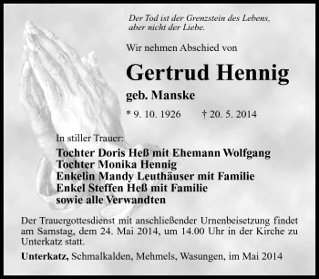 Traueranzeige von Gertrud Hennig von Südthüringer Presse