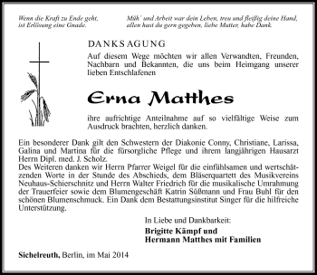 Traueranzeige von Erna Matthes von Südthüringer Presse