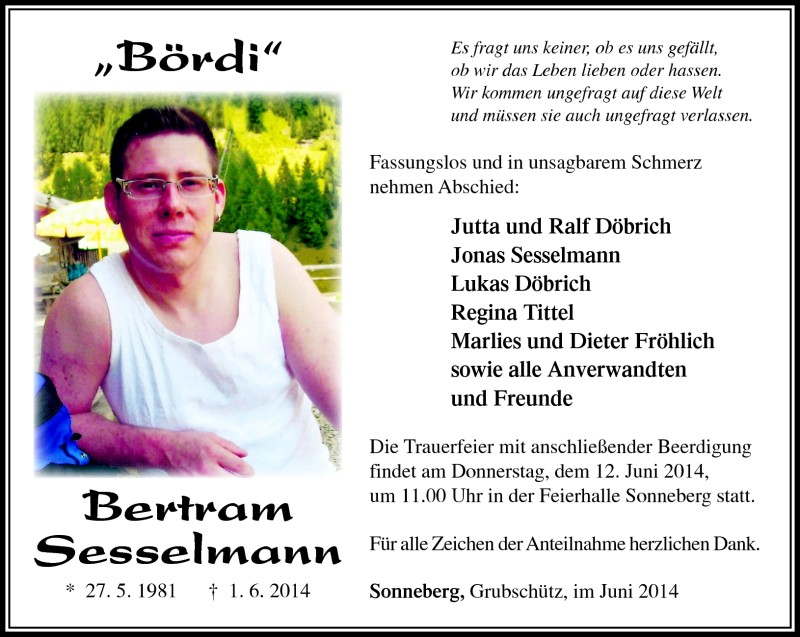  Traueranzeige für Bertram Sesselmann vom 07.06.2014 aus Südthüringer Presse