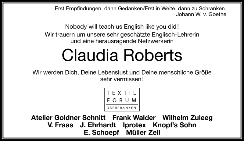  Traueranzeige für Claudia Roberts vom 07.06.2014 aus Frankenpost