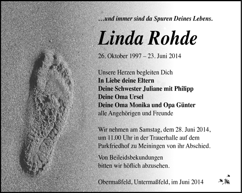  Traueranzeige für Linda Rohde vom 26.06.2014 aus Südthüringer Presse