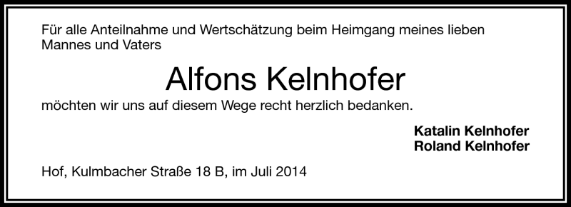  Traueranzeige für Alfons Kelnhofer vom 08.07.2014 aus Frankenpost