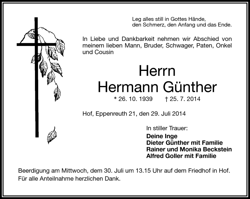  Traueranzeige für Hermann Günther vom 29.07.2014 aus Frankenpost