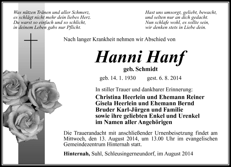  Traueranzeige für Hanni Hanf vom 08.08.2014 aus Südthüringer Presse