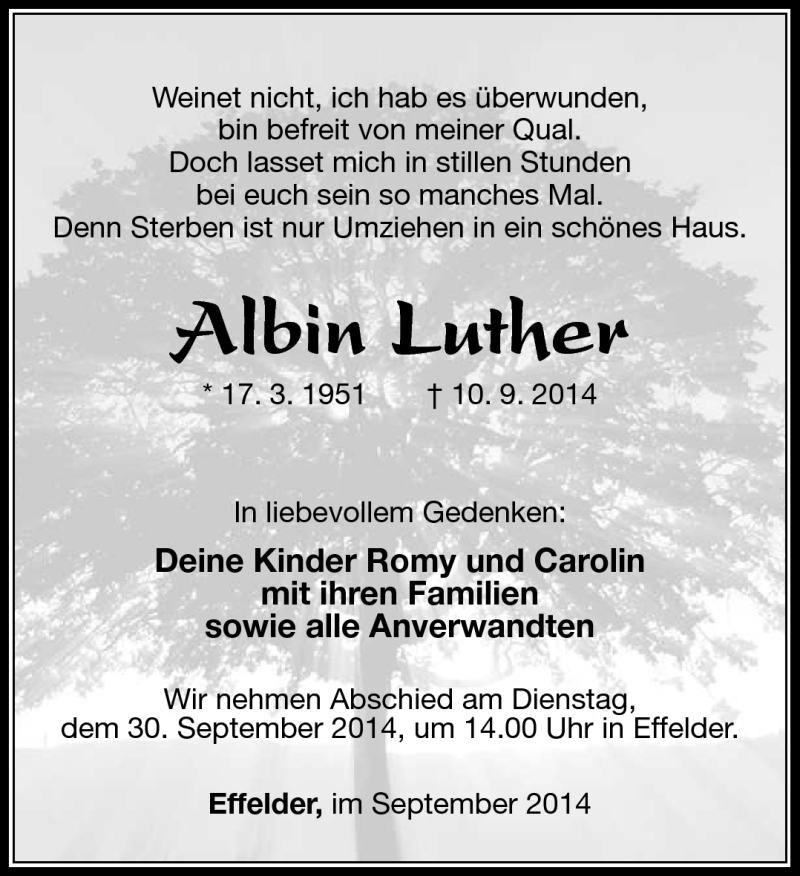  Traueranzeige für Albin Luther vom 27.09.2014 aus Südthüringer Presse