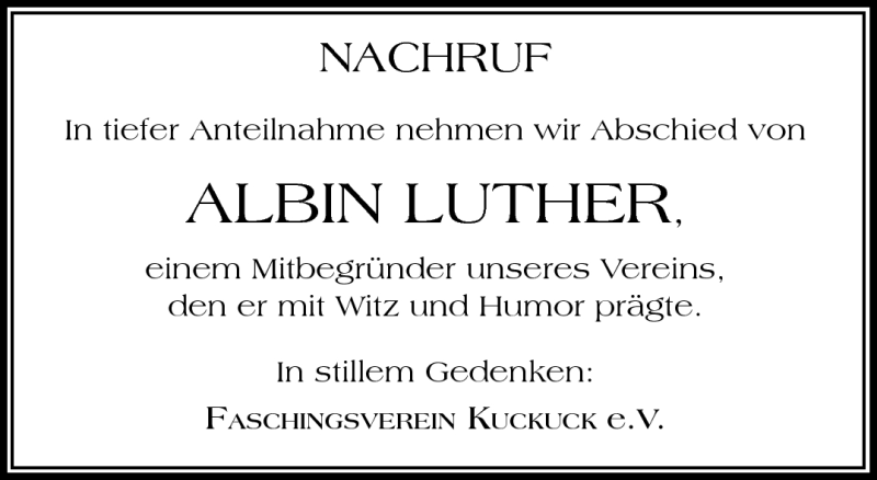  Traueranzeige für Albin Luther vom 08.10.2014 aus Südthüringer Presse