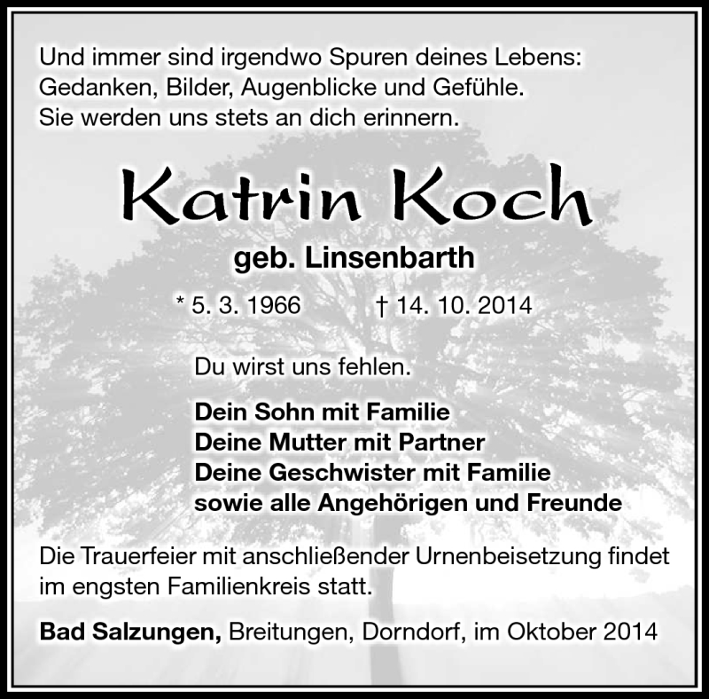  Traueranzeige für Katrin Koch vom 23.10.2014 aus Südthüringer Presse