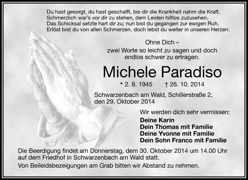  Traueranzeige für Michele Paradiso vom 29.10.2014 aus Frankenpost