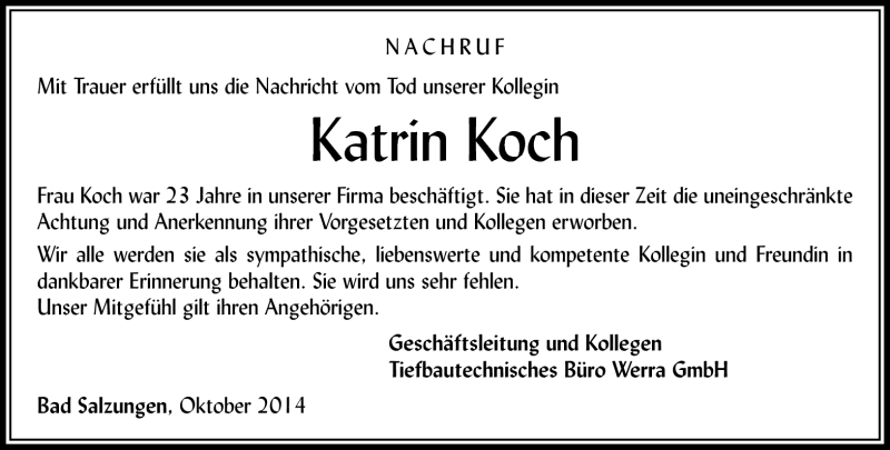  Traueranzeige für Katrin Koch vom 31.10.2014 aus Südthüringer Presse
