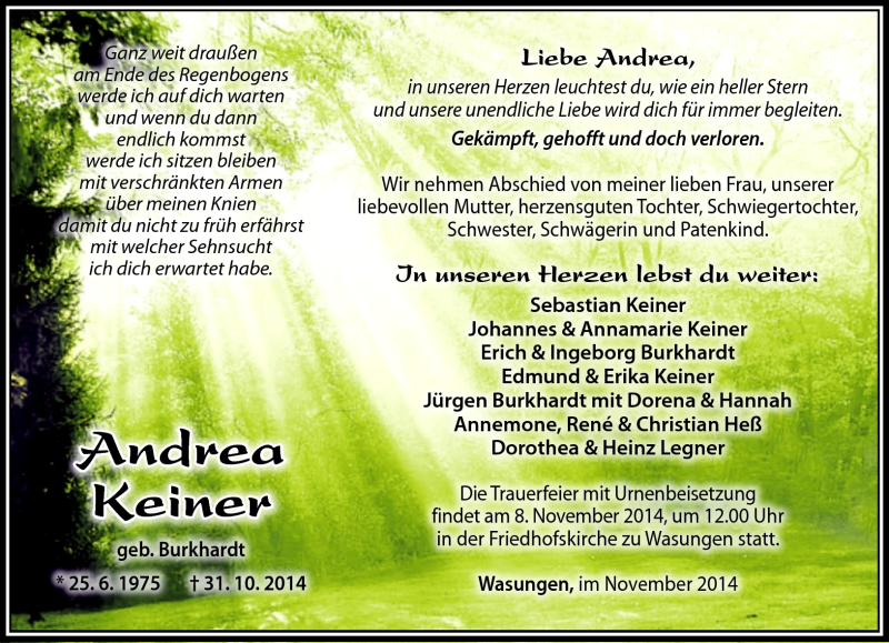  Traueranzeige für Andrea Keiner vom 05.11.2014 aus Südthüringer Presse