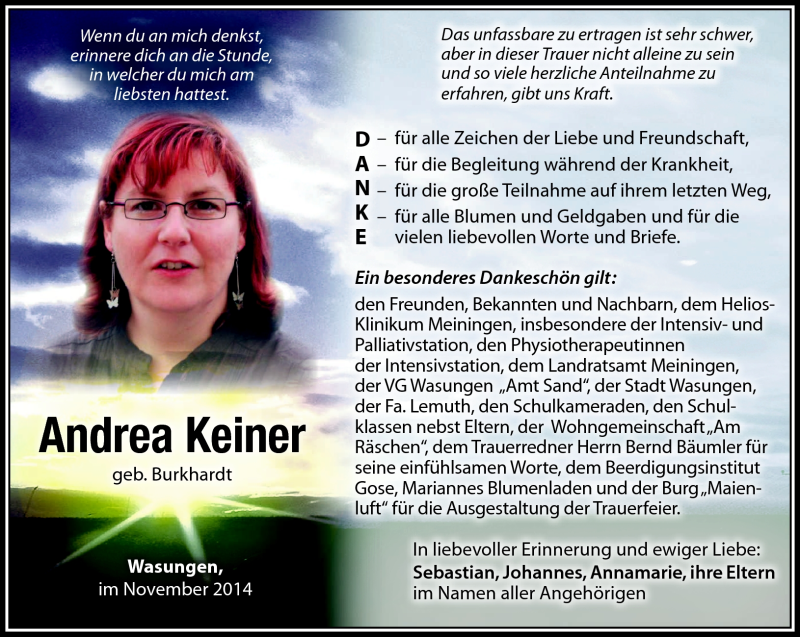  Traueranzeige für Andrea Keiner vom 19.11.2014 aus Südthüringer Presse