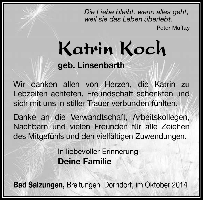  Traueranzeige für Katrin Koch vom 22.11.2014 aus Südthüringer Presse