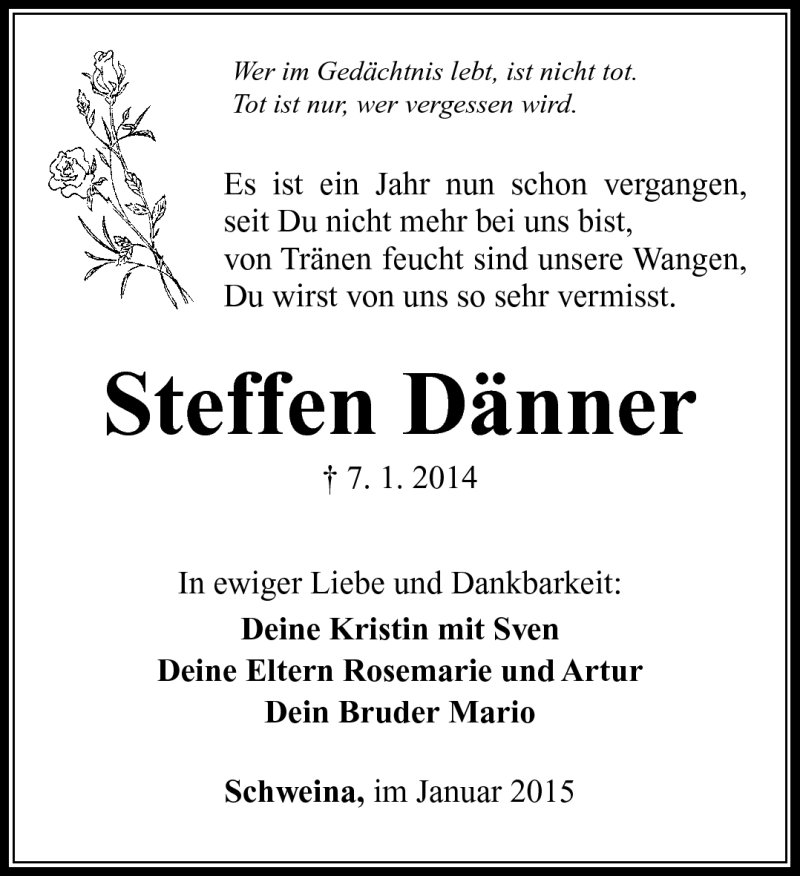  Traueranzeige für Steffen Dänner vom 07.01.2015 aus Südthüringer Presse