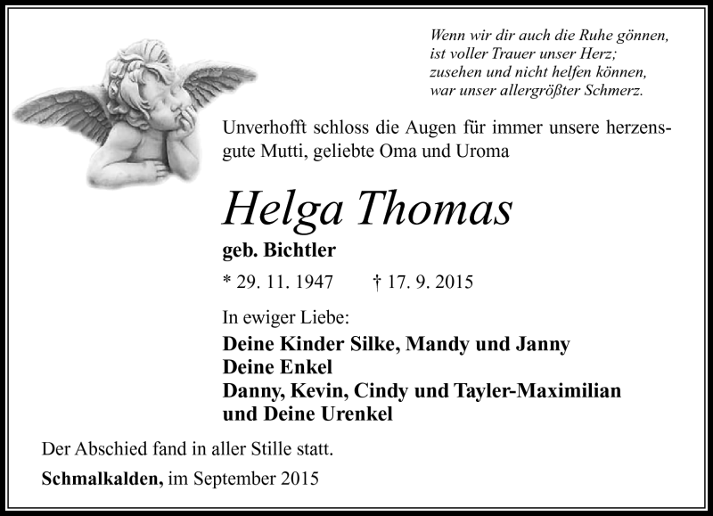  Traueranzeige für Helga Thomas vom 23.09.2015 aus Südthüringer Presse