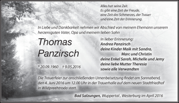 Traueranzeige von Thomas Panzirsch von Südthüringer Presse
