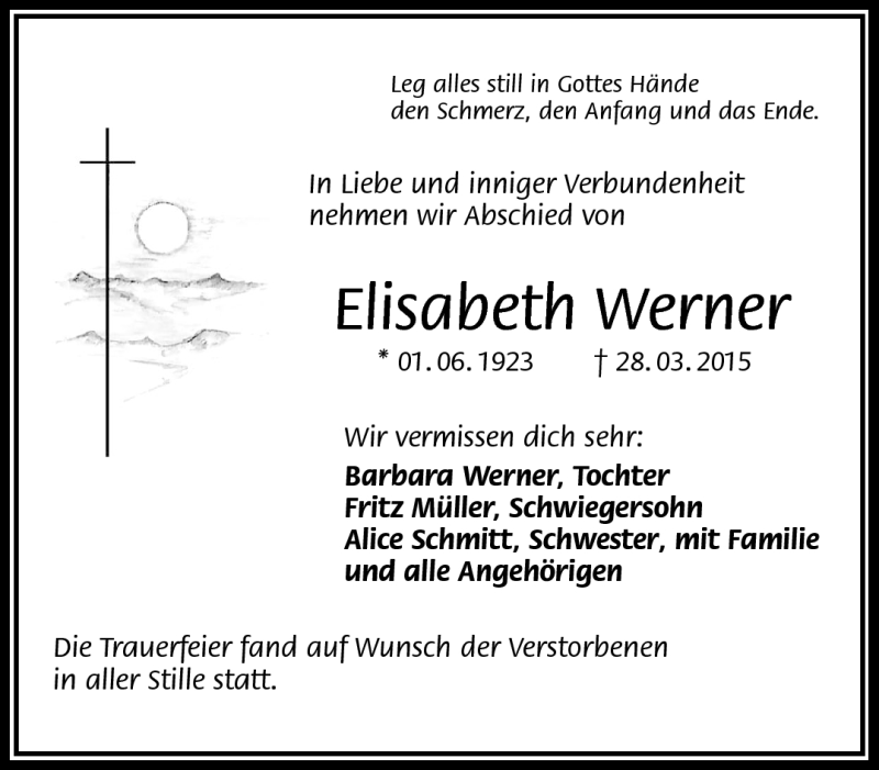  Traueranzeige für Elisabeth Werner vom 04.04.2015 aus Frankenpost
