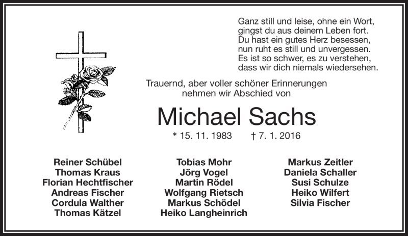  Traueranzeige für Michael Sachs vom 15.01.2016 aus Frankenpost