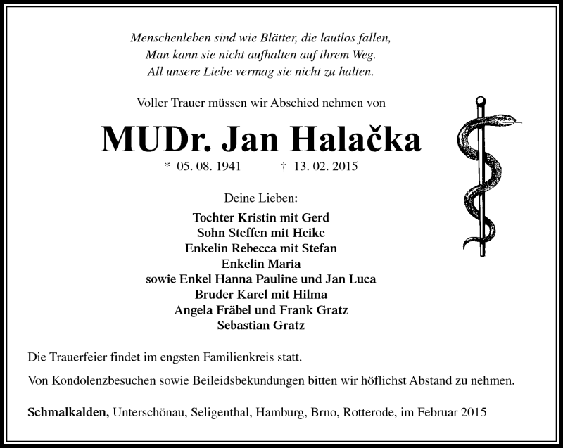  Traueranzeige für Jan Halacka vom 18.02.2015 aus Südthüringer Presse