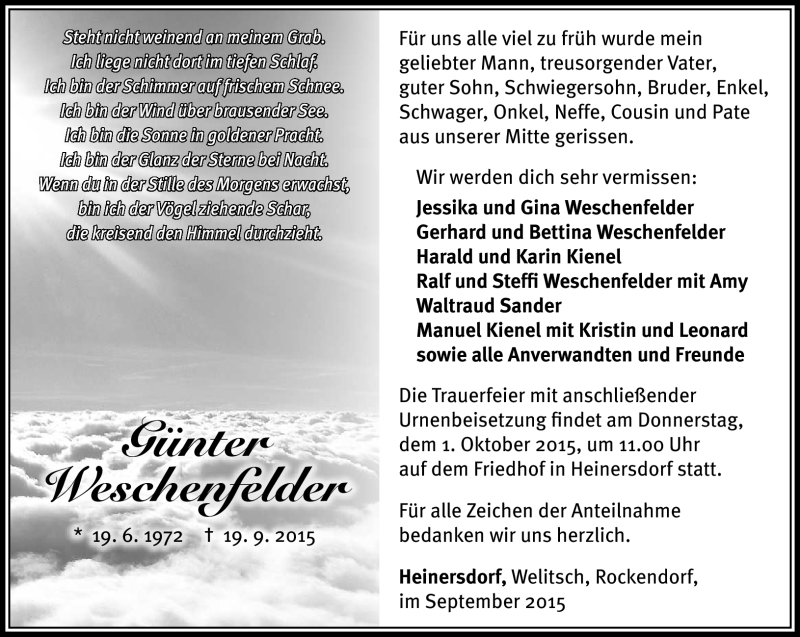  Traueranzeige für Günter Weschenfelder vom 26.09.2015 aus Südthüringer Presse