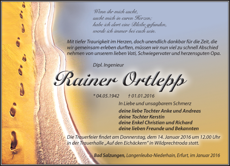  Traueranzeige für Rainer Ortlepp vom 09.01.2016 aus Südthüringer Presse
