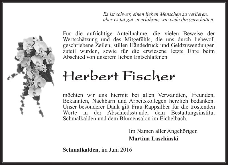  Traueranzeige für Herbert Fischer vom 18.06.2016 aus Südthüringer Presse