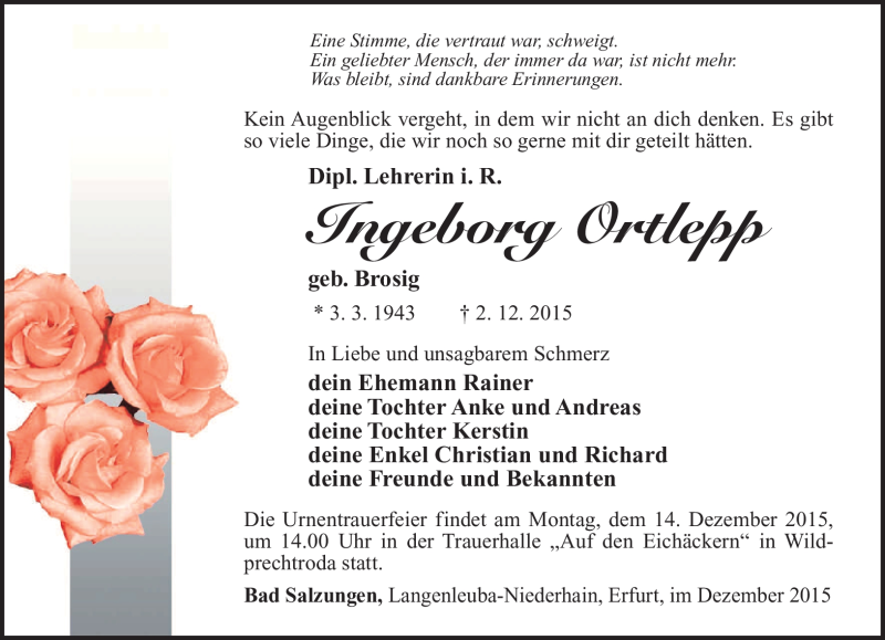  Traueranzeige für Ingeborg Ortlepp vom 10.12.2015 aus Südthüringer Presse
