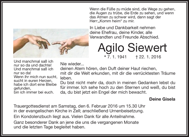  Traueranzeige für Agilo Siewert vom 30.01.2016 aus Frankenpost