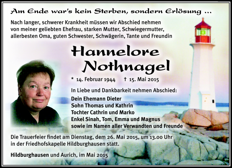  Traueranzeige für Hannelore Nothnagel vom 20.05.2015 aus Südthüringer Presse